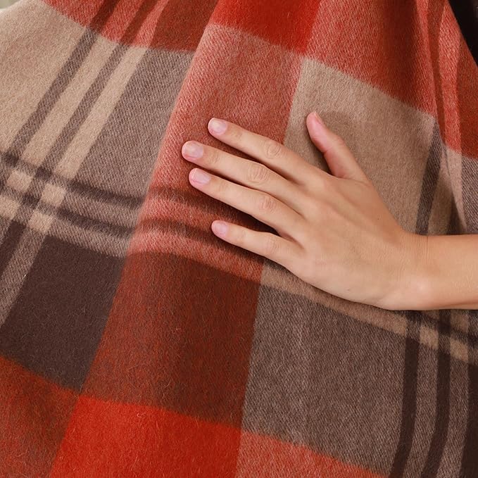 Soft Pure Wool Throw Blanket, Lightweight Warmth, 55"x83", Plaid, Fringe, Compact with Bag, Useful Gift for Women Men, All Season Decorative Cozy Travel Blanket for Couch Bed, Outdoors