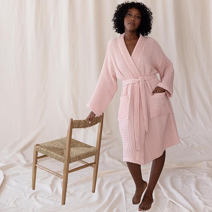 Womens Kimono Waffle Robe - Lightweight 100% Turkish Cotton Housecoat for All-Day Lounging - Bathrobe for Shower
