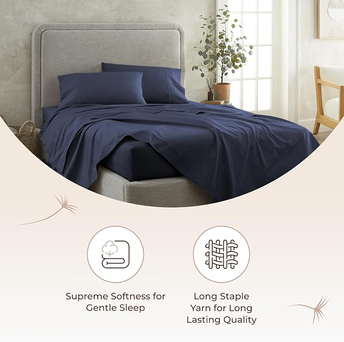 Organic Queen Fitted Sheet Only Deep Pocket - 100% Organic Cotton Sheets with Breathable 300 Thread Count Sateen Weave GOTS & Fairtrade Certified - Soft Fitted Bed Sheets Only (Navy, Queen)