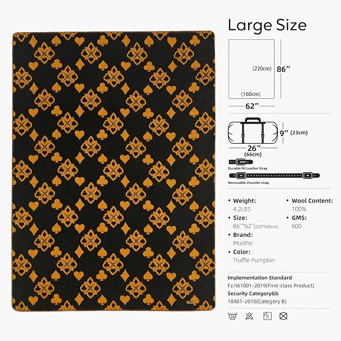 Molithe 100% Wool Blanket, 62" x 86", Warm, Thick, Washable, Military | Great for Camping, Outdoors, Sporting Events, Survival Kits Truffle Pumpkin