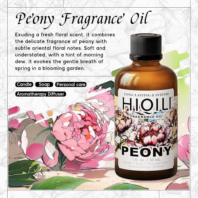 HIQILI Peony Fragrance Oil for Diffuser, Candle & Soap Making - 1 Fl Oz | Idea for Making Women's Perfume, Car Air Freshener, Skin & Body Care - 30 ML