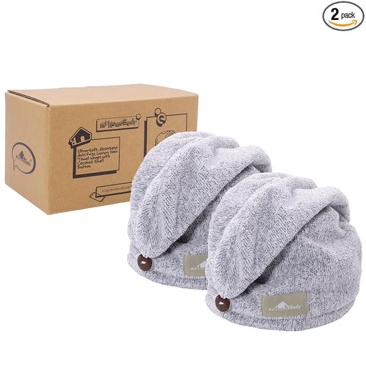 myHomeBody Hair Towel Wrap, Quick Drying Turban, Absorbent Cap – 2 Pack | Hair Turban Towel for wet hair, Ultra Soft Charcoal Fiber Cap, Towel Head Wrap for bathing with Coconut Shell Button
