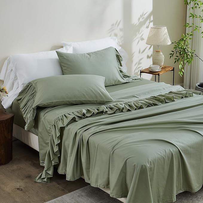 Simple&Opulence 100% Organic Cotton Sheet Set, Long Ruffle Bed Sheets (1 Flat Sheet, 1 Fitted Sheet and 2 Pillowcases) Elegant Shabby Chic Bedding Farmhouse Charming Vintage - Sage Green, Full
