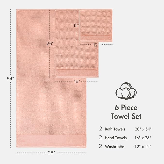 Madison Park Spa Waffle 100% Cotton Luxurious Towel Set, Premium Texture Waffle Weave, Highly Absorbent, Quick Dry, Hotel & Spa Quality Wash Clothes for Bathroom, Assorted Sizes, Pink 6 Piece