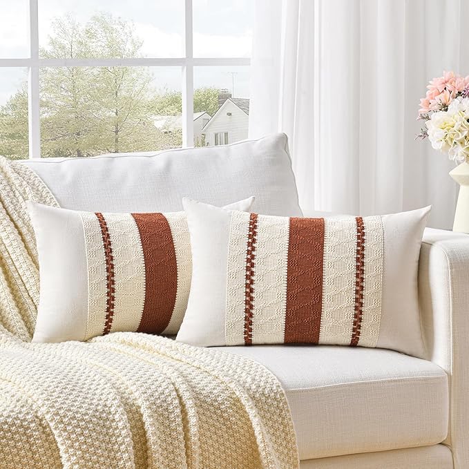 Fancy Homi Set of 2 Rust Boho Long Lumbar Decorative Throw Pillow Cover 14x24 Inch for Couch Bed Sofa, Aesthetic Modern Organic Fall Room Decor, Soft Cotton Cute Terracotta Farmhouse Cushion Case