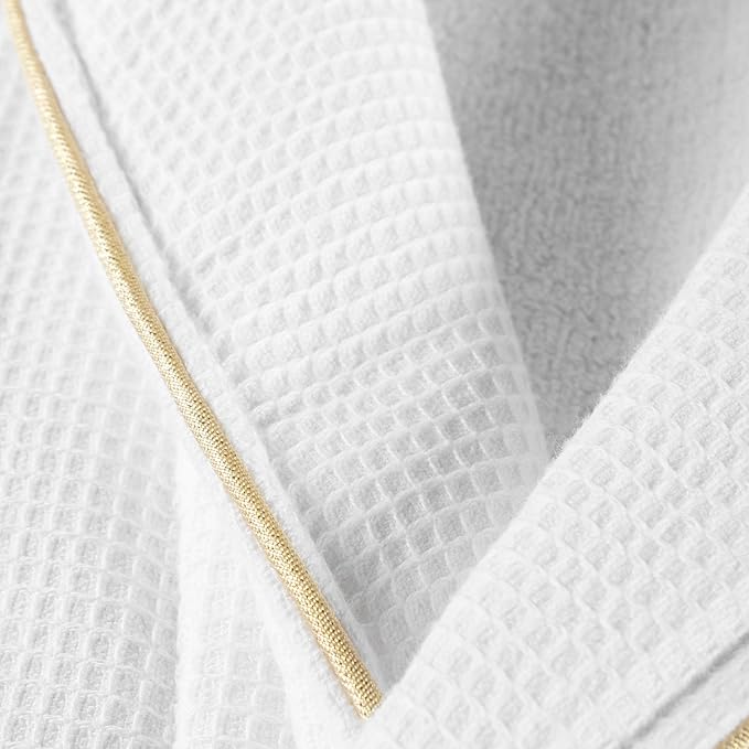Luxury Turkish Cotton Bathrobe for Women & Men, Waffle Terry Shawl Collar Spa Robe with Satin Trim & Pockets