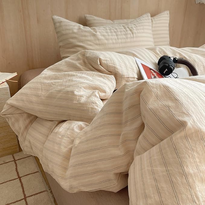mixinni Retro Striped Duvet Cover Set Twin Size - 100% Washed Cotton Beige Duvet Cover with Black White Stripes, Soft Breathable 3 Piece Comforter Cover with Zipper Closure & Corner Ties