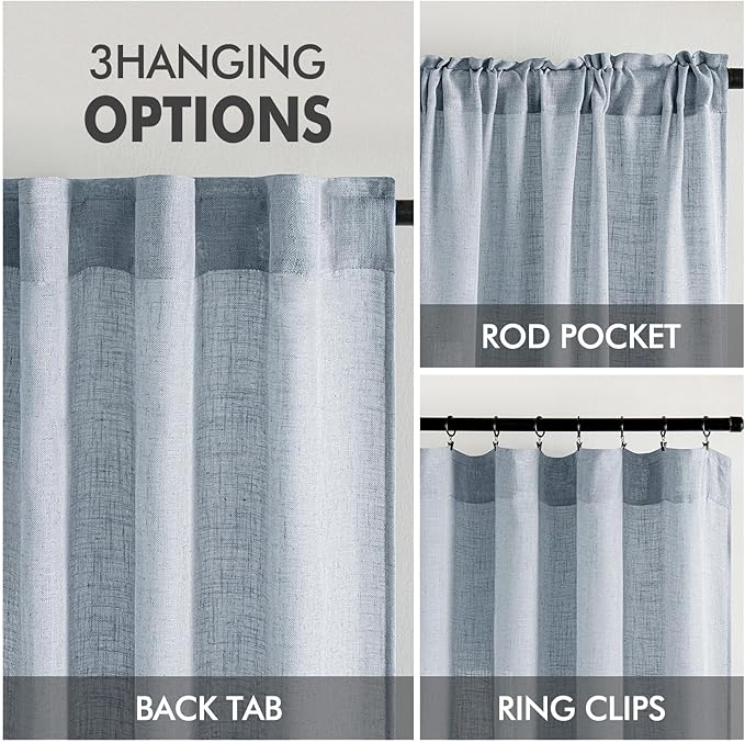 MIULEE Chambray Blue Linen Curtains 63 Inch Length 2 Panels for Bedroom Living Room, Soft Linen Textured Window Drapes Semi Sheer Light Filtering Back Tab Rod Pocket Farmhouse Modern Burlap Look Decor