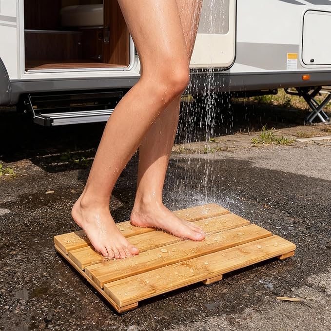 Small Bamboo Bath Mat – Mini Wooden Shower Floor Mat for Compact Bathroom, RV or Tight Spaces, Non-Slip, Quick Dry, Easy to Clean, Indoor Outdoor Use, 15.8" x 10.2" by PELYN