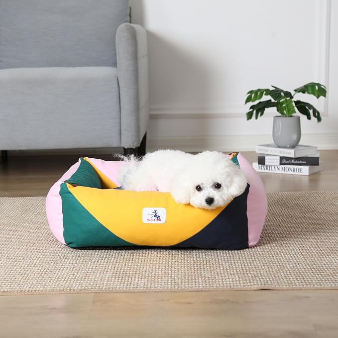 Cotton Canvas Dog Bed, Pink Dog Beds for Small Dogs, Puppy Bed with Washable Removable Cover, Durable 290 GSM Cotton Anti-Chewing Pet Bed with Anti-Slip Bottom (24"x20"x8", Pink&Yellow&Green)