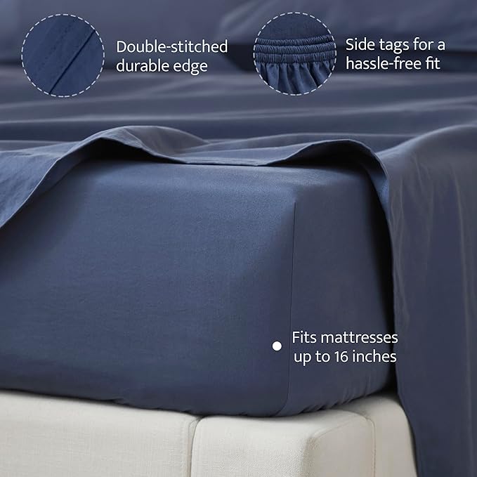 Double Stitch 100% Organic Cotton Sheets, Queen Sheet Set, GOTS Certified Long Staple Cotton Bedsheets, Luxury & Soft Hotel Bed Sheets with 16 inches Deep Pocket, Made in India Navy