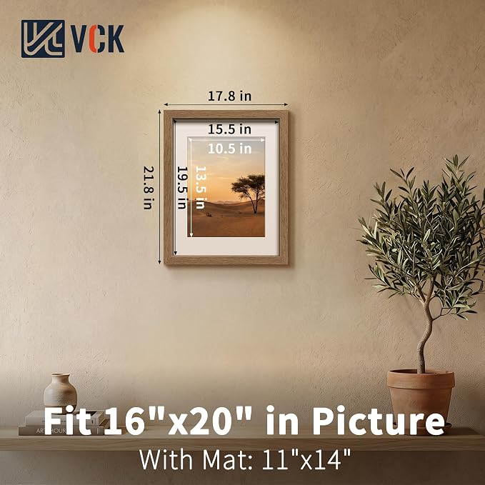 VCK 16x20 Picture Frames Walnut 3 Pack, Wide Border Wood, Tempered Glass, Display 16x20 Poster Photo with Mat or 11 x 14 Without, for Home, Office, Gallery, Woodgrain Series, Wall Hanging