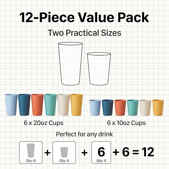 12 Pack Premium Wheat Straw Cups, 6 Pcs 20 oz & 6 Pcs 10 oz Unbreakable Drinking Cups, Alternative to Plastic Cups Sets, Reusable Water Glasses Tumbler, Microwave & Dishwasher Safe, Bpa Free, 6 Colors