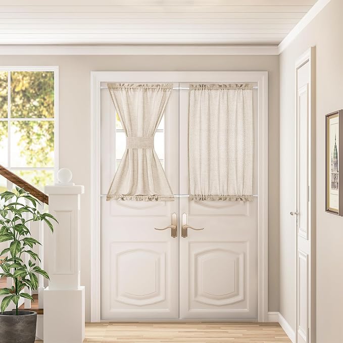 Linen Front Door Curtains 2 Pieces W35 x L40 Dual Rod Pocket Light Coffee Translucent Door Curtains for Doorways Privacy Light Filtering with Tieback for Kitchen Bathroom Bedroom