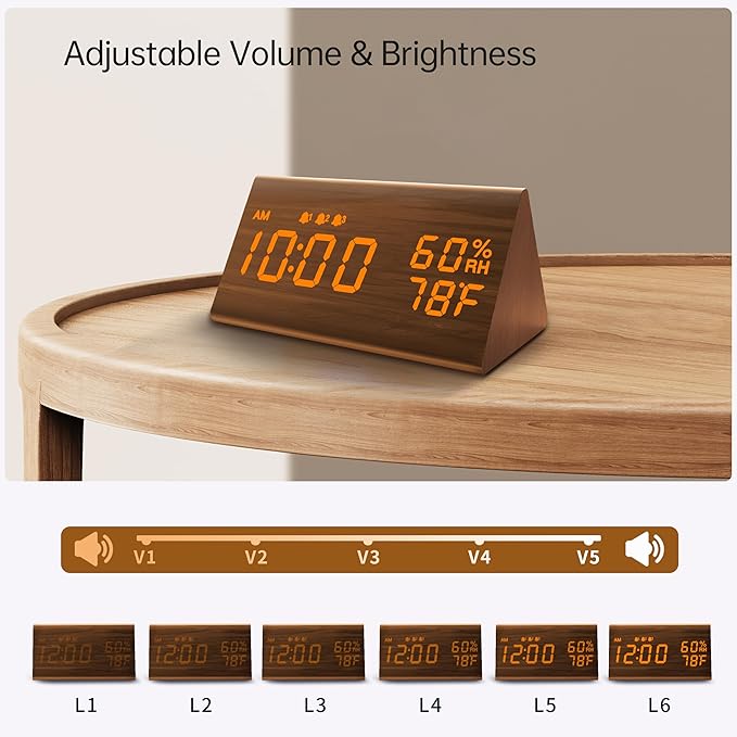 JALL Wooden Digital Alarm Clock for Bedroom, 3 Alarms with Large Numbers, Humidity and Temperature Display, 6-Level Dimmer, Snooze, Loud Desk Clock for Heavy Sleepers, Plug in (Brown)