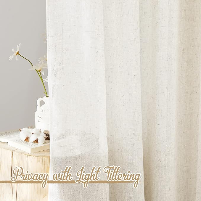 NICETOWN Natural Linen Curtains 54 inches Long for Nursery, Rod Pocket & Back Tab Privacy Window Treatments Light Filtering Drapes for Bedroom/Bathroom, 52" W x 54" L, 2 Panels