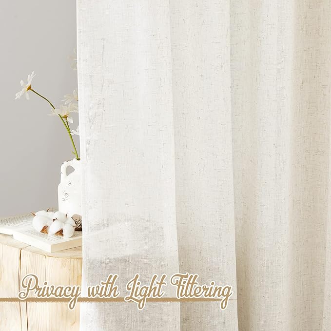 NICETOWN Linen Burlap Short Kitchen Curtains 36 inches Long, Rod Pocket & Back Tab Semi Sheer Flax Linen Weve Window Treatments Privacy with Light Filtering for Cafe, W42 x L36, 2 Panels