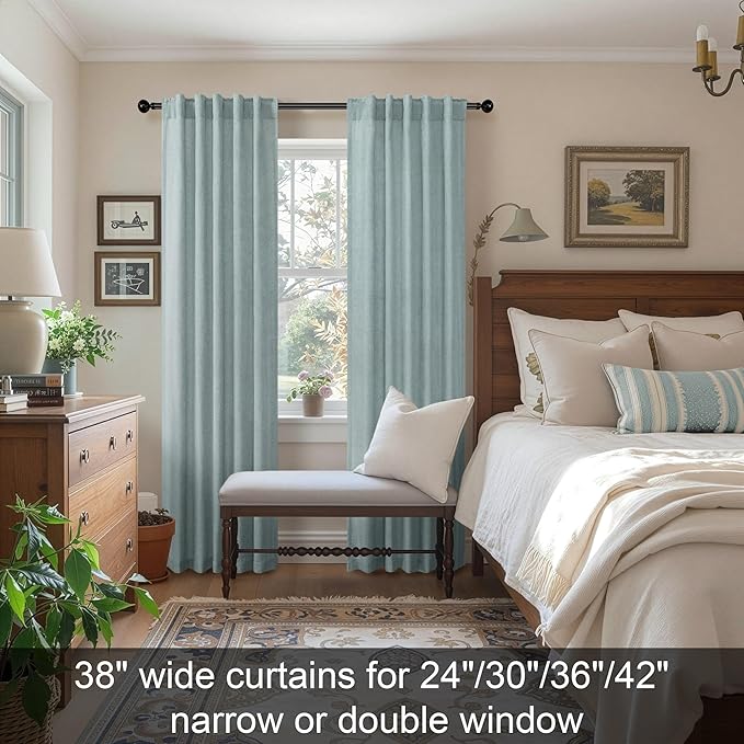 Seafoam Curtains 38 Inch Wide for Small Window 2 Panels Back Tab Rod Pocket Semi Sheer Linen Skinny Sea Green Blue Curtains for Bedroom Entryway Front Door Closet Coastal Decor Teal Grey 38x84 Length