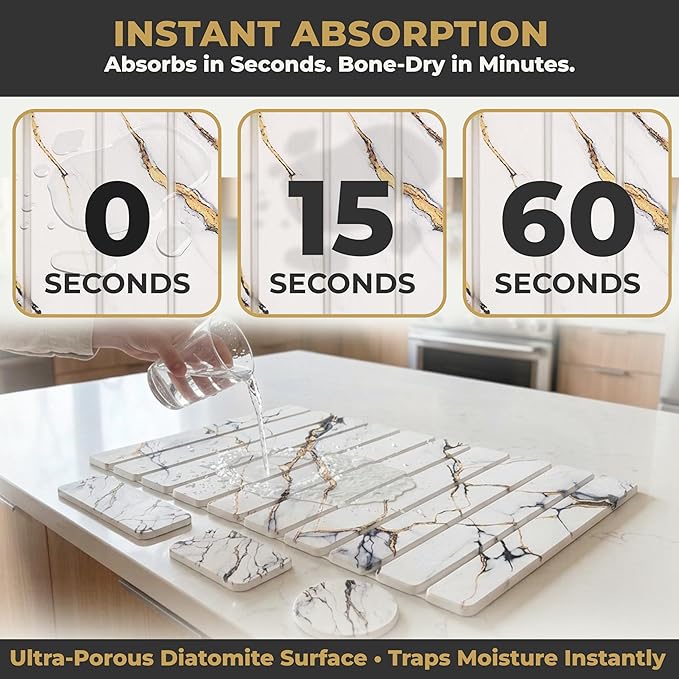 Stone Dish Drying Mat for Kitchen Countertop 24x16 Large Diatomaceous Earth Quick-Dry Absorbent Foldable Non-Slip Organizer for Dishes Glasses Utensils with Coaster Pads Gold Veined Marble