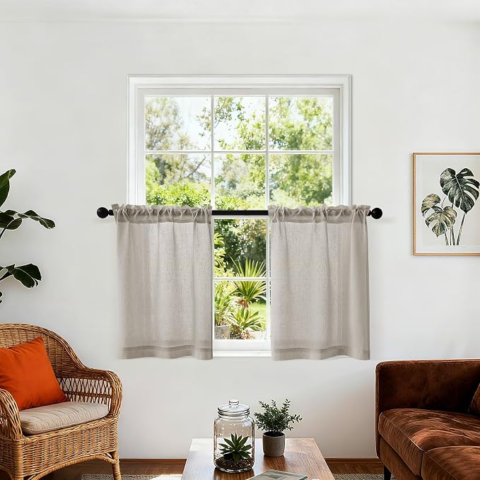 Burlywood Birch Cafe Curtains for Kitchen Windows Curtains Over Sink 24 Inch Length Short Drapes Rod Pocket Semi Sheer Light Filtering Rustic for Bathroom Laundry, 25x24 Inch, 2 Panels