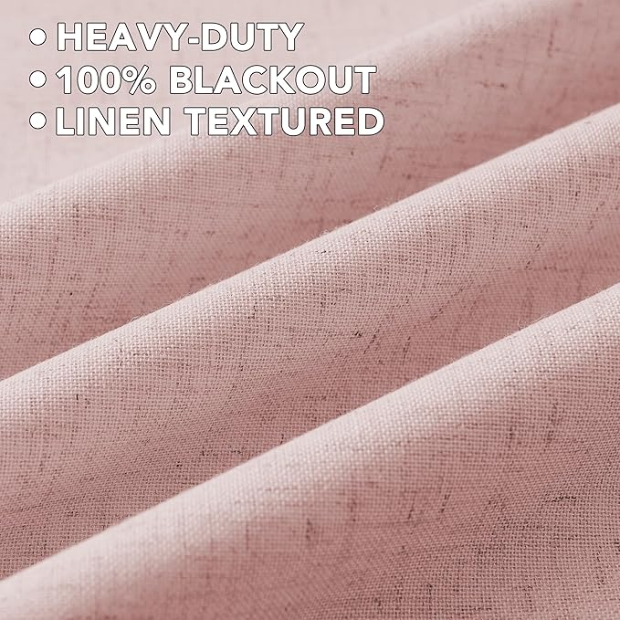 H.VERSAILTEX Linen Curtains 100% Blackout Curtains for Bedroom 90 inch Long Full Light Blocking Nature Linen Blended Window Curtains for Living Room Nickel Grommet (2 Panels, Heathered Baby Pink)
