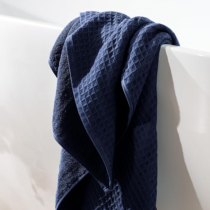 UCHINO Waffle Twist Cotton Weave Towel Set for Bathroom – 2 Bath, 2 Hand, 2 Washcloths, Lightweight Absorbent Quick Dry Honeycomb Texture Solid Terry Loop Reverse, 6 Piece, Indigo