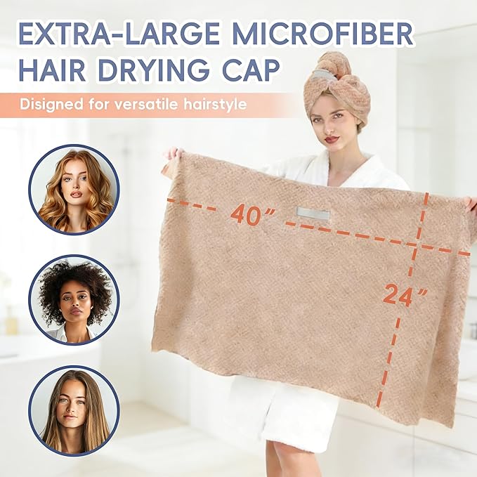 Large Microfiber Hair Towel for Women, Super Soft Absorbent Quick Dry Hair Towels Wrap with Elastic Band, Hair Drying Towels Anti Frizz Hair for Curly Long Wet Hair Care 24''x40'' (Pink)