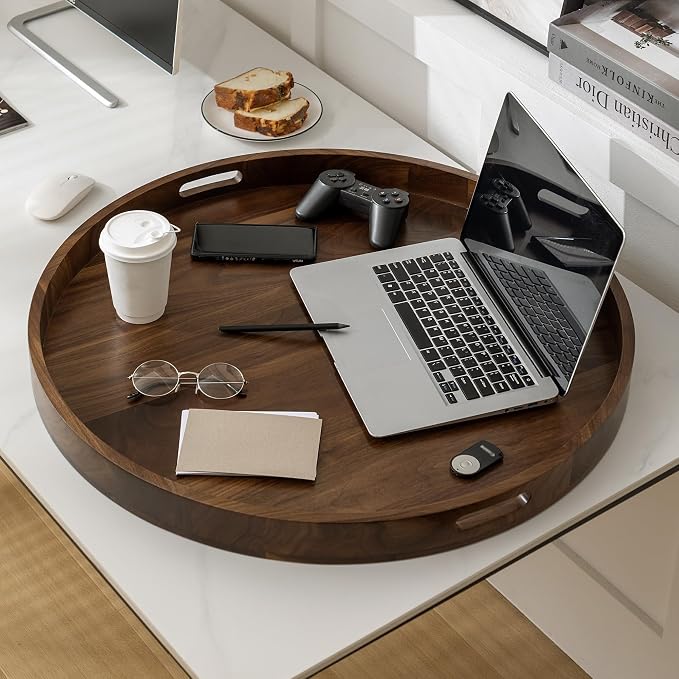 28x 28 inches King Sized Round Ottoman Table Tray, Oversized Solid Wooden Black Walnut Decorative Serving Tray with Handles, Extra Large Circle Platter for Oversized Ottoman Bed