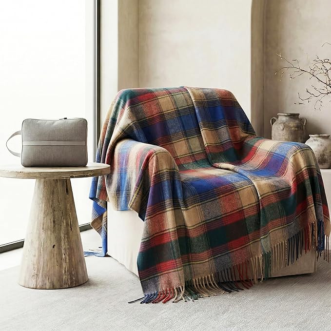Soft Pure Wool Throw Blanket, Lightweight Warmth, 55"x83", Plaid, Fringe, Compact with Bag, Useful Gift for Women Men, All Season Decorative Cozy Travel Blanket for Couch Bed, Outdoors
