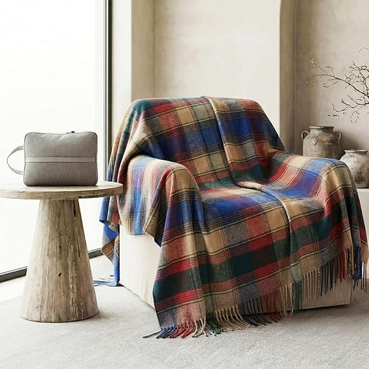 Soft Pure Wool Throw Blanket, Lightweight Warmth, 55"x83", Plaid, Fringe, Compact with Bag, Useful Gift for Women Men, All Season Decorative Cozy Travel Blanket for Couch Bed, Outdoors