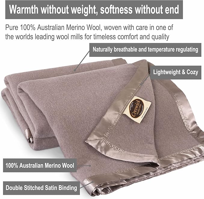 Creswick Woollen Mills 100% Australian Merino Wool Blanket – Soft Warm and Natural with Satin Binding, Breathable Luxury Bedding for All Seasons, (Flax, Throw)