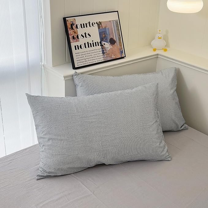 mixinni Grey Striped Duvet Cover Twin Size - 100% Washed Cotton Pinstripe Comforter Cover with Zipper Closure, Lightweight & Breathable, 3 Pieces Minimalist Stripes Pattern Printed Bedding Set