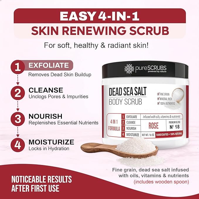 pureSCRUBS Premium Rose Body Scrub Set - Large 16oz Dead Sea Salt Body Scrub With Infused Essential Oils & Nutrients, Includes Wooden Spoon, Loofah & Oatmeal Exfoliating Bar Soap