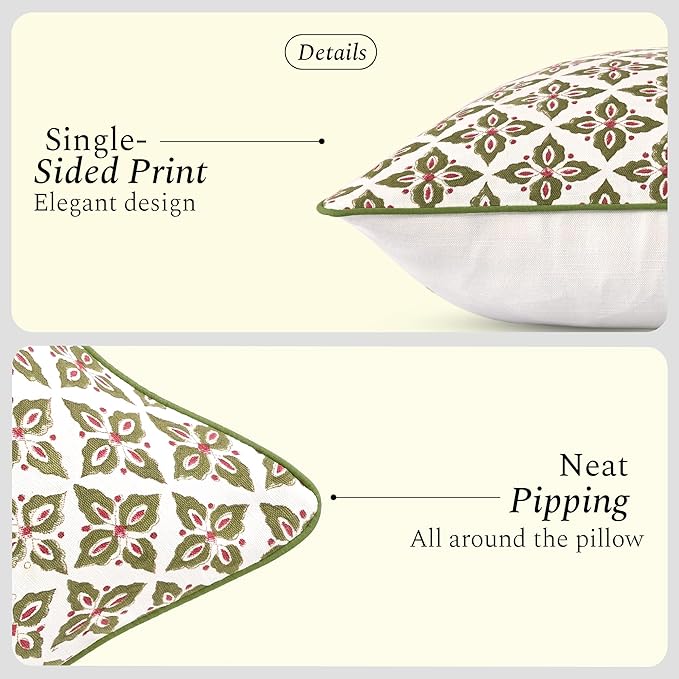 CPC Throw Piping Pillow Covers for Couch, 24x24 Inch Pillows for Living Room, 100% Cotton Boho Cute Outdoor Pillows, Flower Cushion Covers Gift for Spring, Easter - Farmhouse Verde Trellis