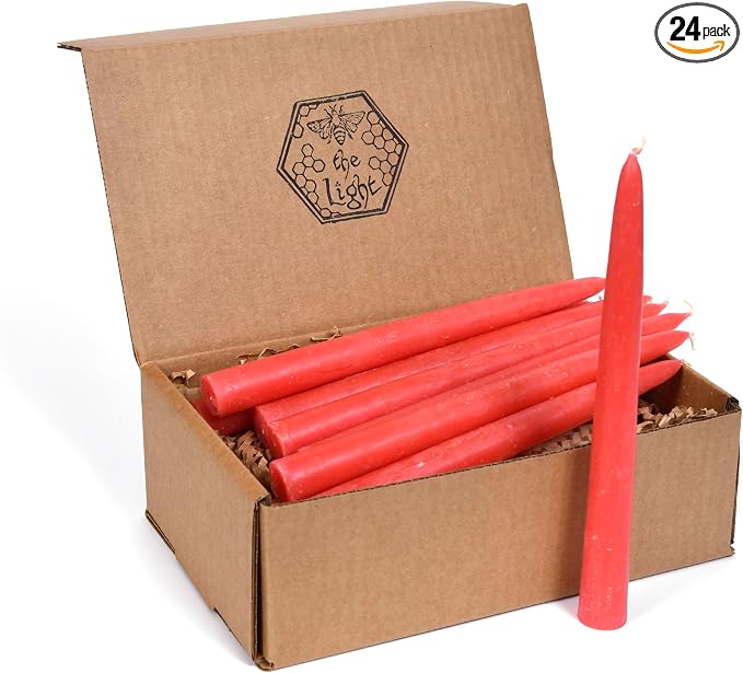 100% Pure Beeswax Taper Candles - All-Natural Handmade Decorative & Dipped Smokeless Unscented Candles for Christmas, Advent, and Hanukkah, Citrus Orange, 8.5 Inches, 24 Candle Set, by BeeTheLight