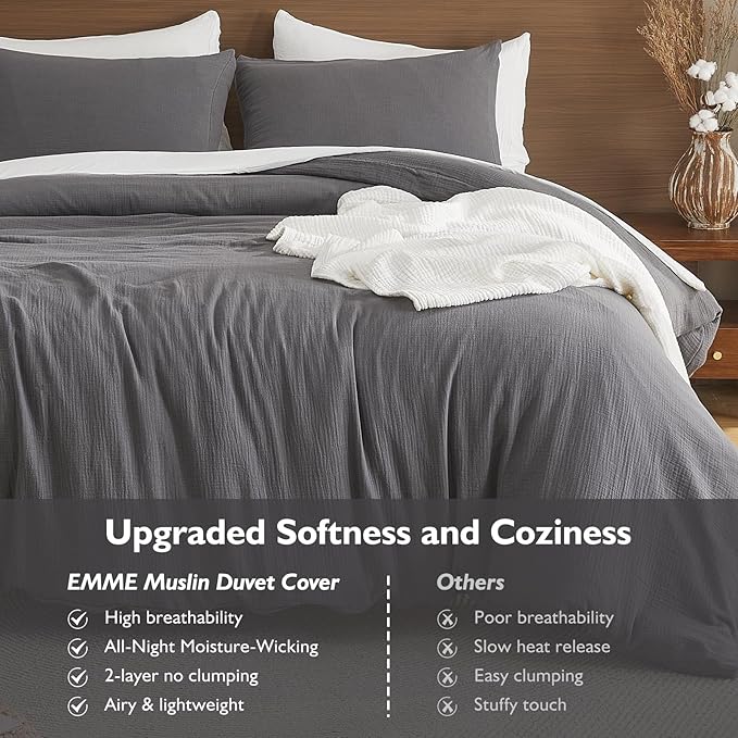 EMME Muslin Cotton Duvet Cover Set Dark Grey Queen Size Linen Like Soft Breathable Lightweight Summer Comforter Cover Set with Zipper Closure (Dark Grey, Queen, 90"x90")