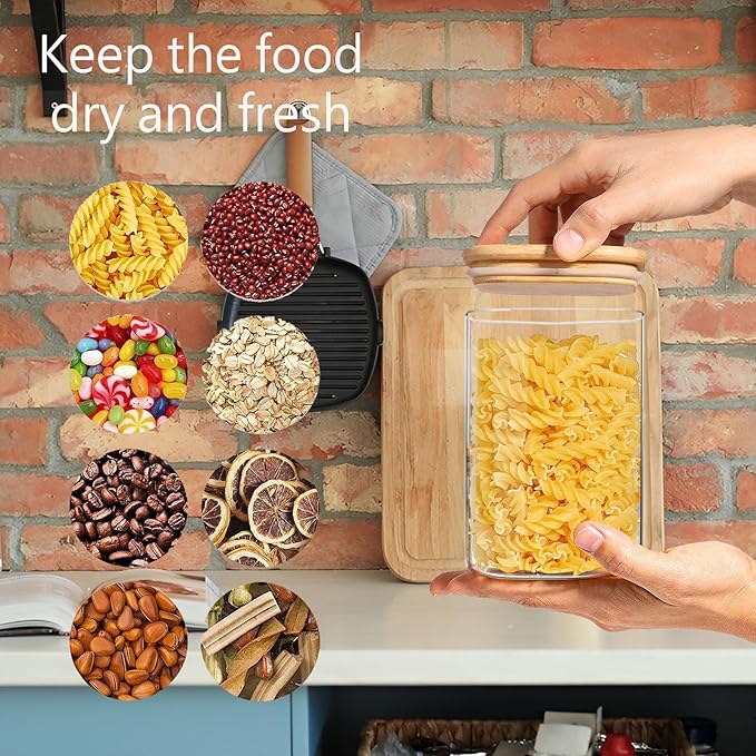 1.2 Qt Square Glass Storage Containers with Lids, glass jar with airtight lid, Glass Canister for Pantry Cookie Flour Cereal Rice Sugar Tea Coffee Beans Spice (Square-4Pack)