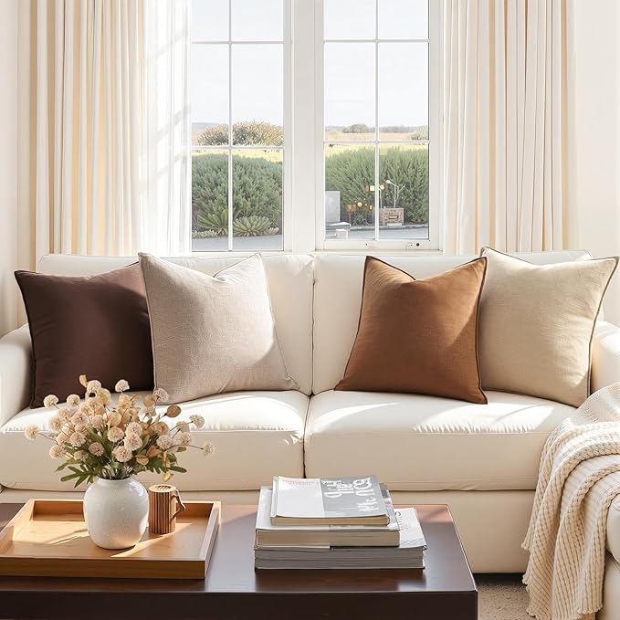 Neutral Brown Linen Pillow Covers Pack of 4 Decorative Natural Solid Throw Pillow Covers Soft Accent Boho Farmhouse Couch Pillowcases Modern Home Decors for Living Room Bed Sofa 18x18 Inch
