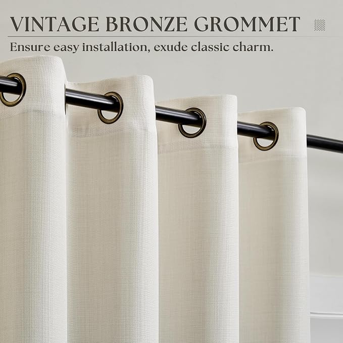 Cream Linen Curtains 54 Inches Length Light Filtering Flax Linen Drapes for Small Living Room Window Bronze Grommet Soft Fabric Semi Sheer Privacy Curtains 2 Panels, Off White Ivory