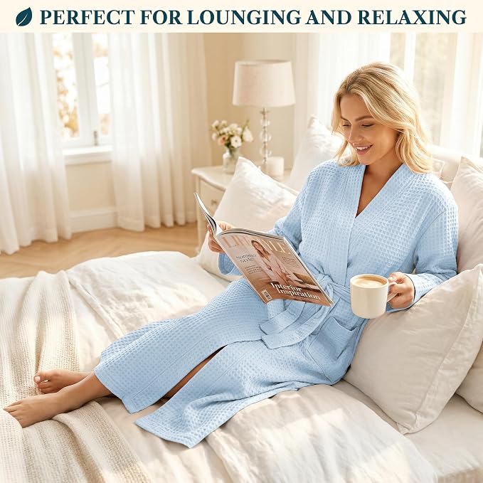 PAVILIA Womens Waffle Knit Robe Lightweight Cotton Blend Full Length House Bathrobe with Pockets