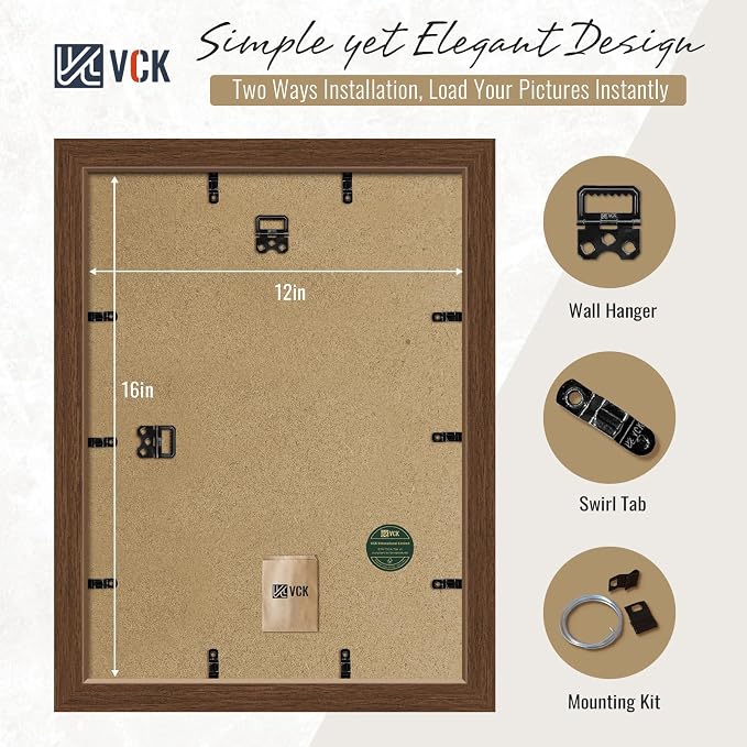 VCK 12x16 Picture Frames Brown 3 Pack, Wide Border Wood, Tempered Glass, Display 8.5x11 Photo with Mat or 12 x 16 without, for Home, Office, Gallery, Woodgrain Series, Wall Hanging