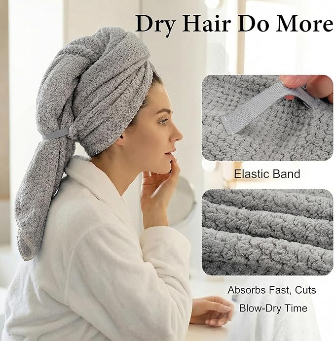 Microfiber Hair Towel Wrap for Women Extra Large Hair Turban Anti-Frizz Hair Drying Towel with Elastic Band for Curly Long Thick for Hair Bath Gym Travel Spa