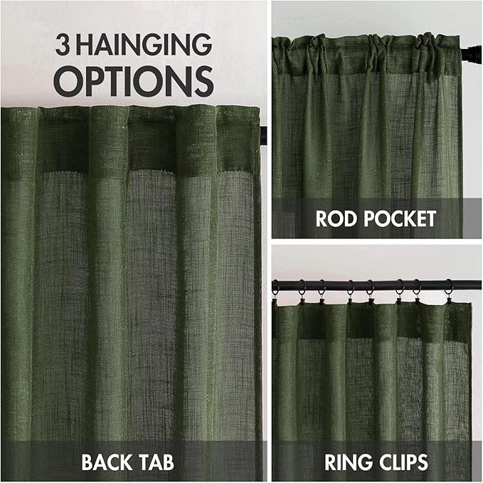 MIULEE Olive Green Linen Curtains 63 Inch Length 2 Panels for Bedroom Living Room, Soft Thick Linen Textured Kitchen Window Drapes Semi Sheer Light Filtering Back Tab Rod Pocket Burlap Look Decor
