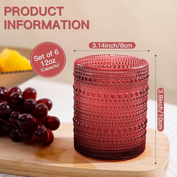 JOVGANK Red Vintage Hobnail Drinking Glasses Set of 6, Embossed Water Tumbler 12oz, Kitchen & Bar Beaded Glass Cups, Beverage Glass Cups for Water, Beer, Juice, Housewarming and Mother's Day Gift