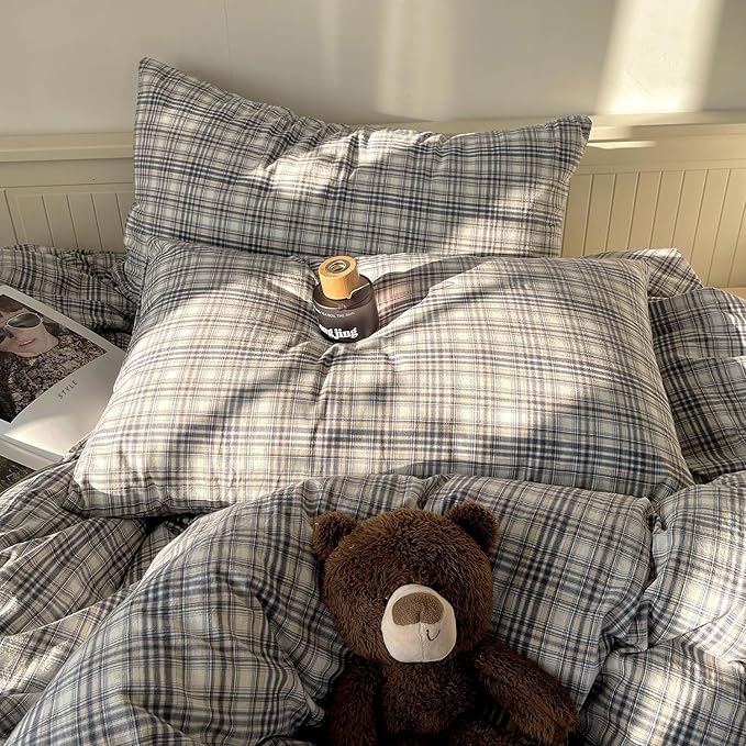 mixinni Queen Duvet Cover Set - 3 Piece Vintage Buffalo Plaid Bedding, 100% Washed Cotton Duvet Cover with 2 Pillowcases, Soft & Breathable Navy Beige White Geometric Grid Pattern for All Seasons