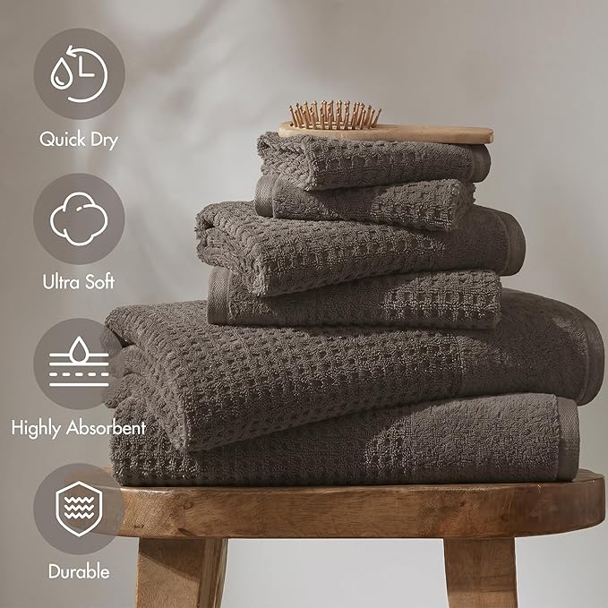 Madison Park Spa Waffle 100% Cotton Luxurious Towel Set, Premium Texture Waffle Weave, Highly Absorbent, Quick Dry, Hotel & Spa Quality Wash Clothes for Bathroom, Assorted Sizes, Charcoal 6 Piece