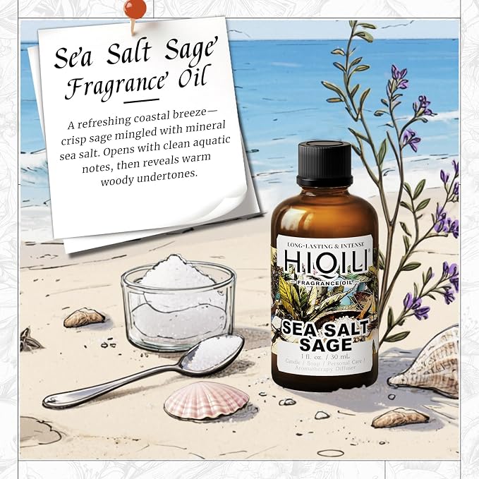 HIQILI Sea Salt Sage Fragrance Oil for Diffuser Use, DIY Perfume - 1 Fl Oz | Car/Hotel Collection Diffuser Oil, Long Lasting Scents, Candle & Soap Making Supplies, DIY Air Freshener Spray