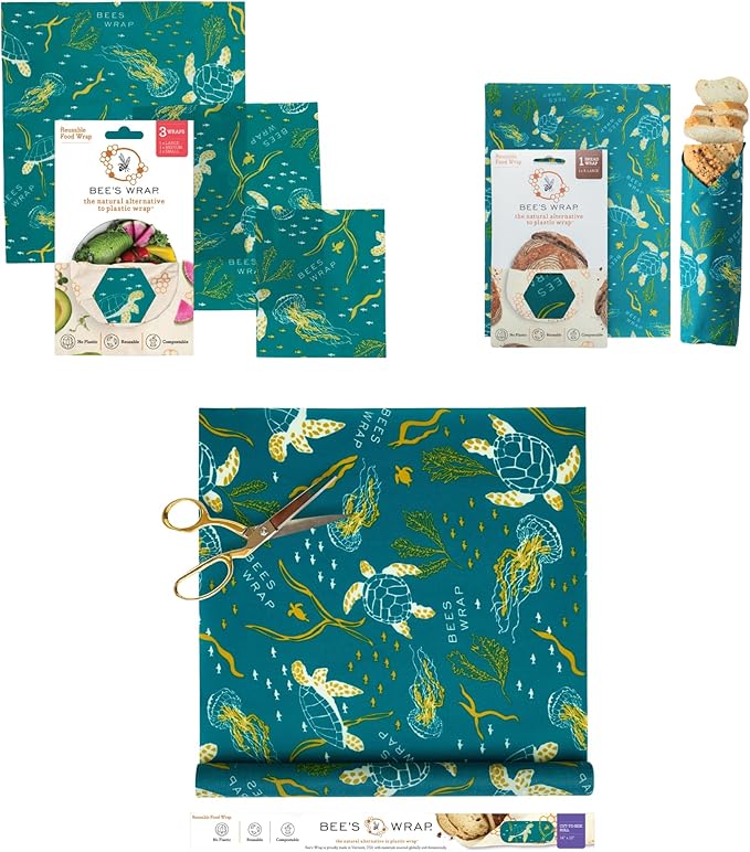 Bee's Wrap Ocean Conservation Set - Beeswax Food Wraps Bundle Includes 1 Bread Wrap, 1 Cut to Size Roll & 3 Assorted Wraps - Made in the USA Beeswax Reusable Wraps for Food