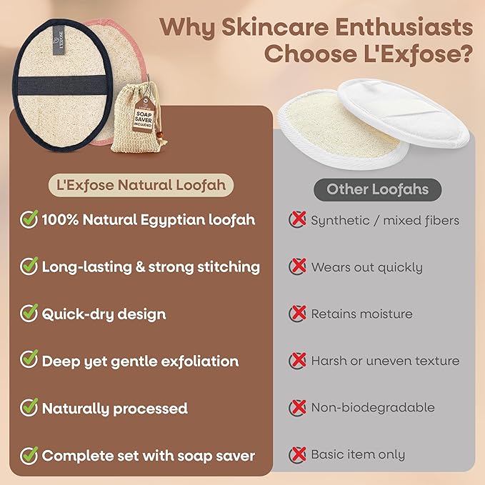L'Exfose Organic Natural Loofah Body Scrubber for Shower – Dual Sided Egyptian Fiber Plastic Free Loofah – Quick Dry Natural Body Scrubber with Sisal Soap Saver Bag – Minimal Spa Gift for Men Women