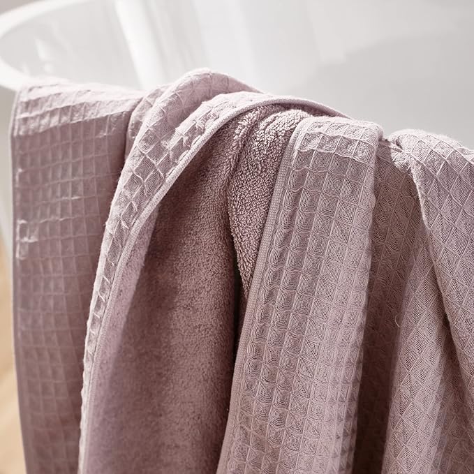 UCHINO Waffle Twist Cotton Weave Towel Set for Bathroom – 2 Bath, 2 Hand, 2 Washcloths, Lightweight Absorbent Quick Dry Honeycomb Texture Solid Terry Loop Reverse, 6 Piece, Orchid